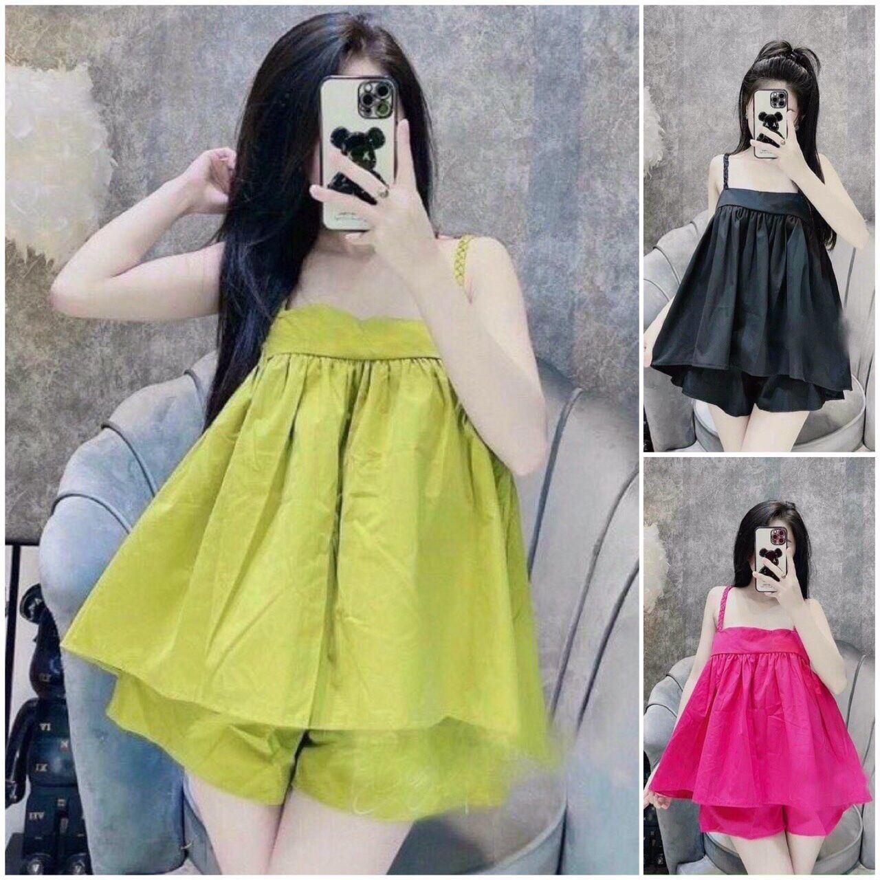 Đồ bộ đùi 2 dây bính mặc nhà chất vải lụa size dưới 55kg