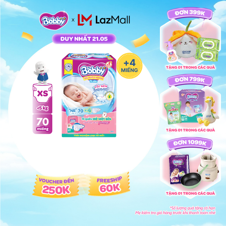 [SALE CUỐI THÁNG tặng QUÀ TO-SLCH]Tã dán Sơ sinh Bobby XS70 mới + tặng kèm 4 miếng tã quần mở một bên size NB/NB-S