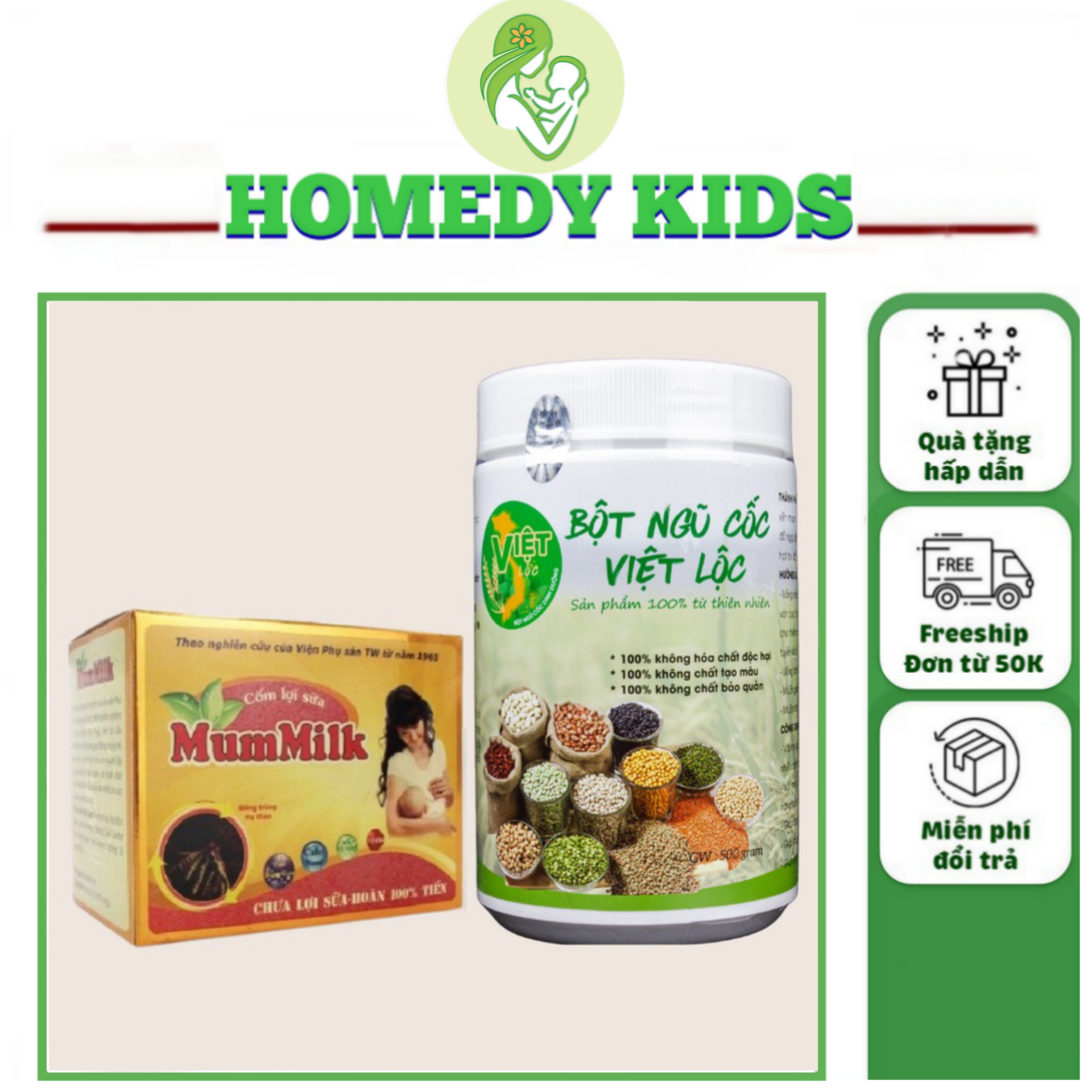 Combo lợi sữa sau sinh, 1 ngũ cốc việt lộc và 2 cốm lợi sữa mummilk