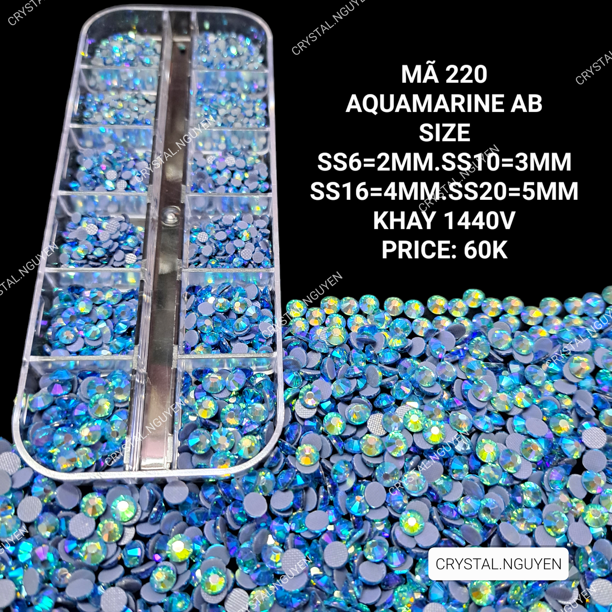 Mã 220 aquamarine ab- đá nail khay - đá túi mix size- đá lẻ size