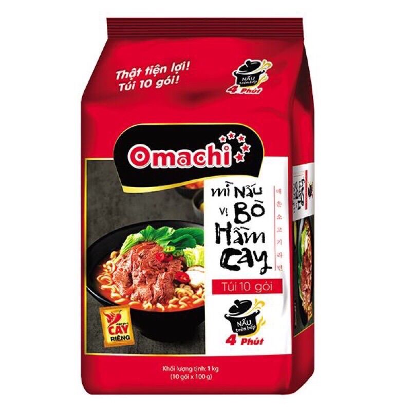 Lốc 10 mì nấu 4 phút omachi vị bò hầm cay 1kg