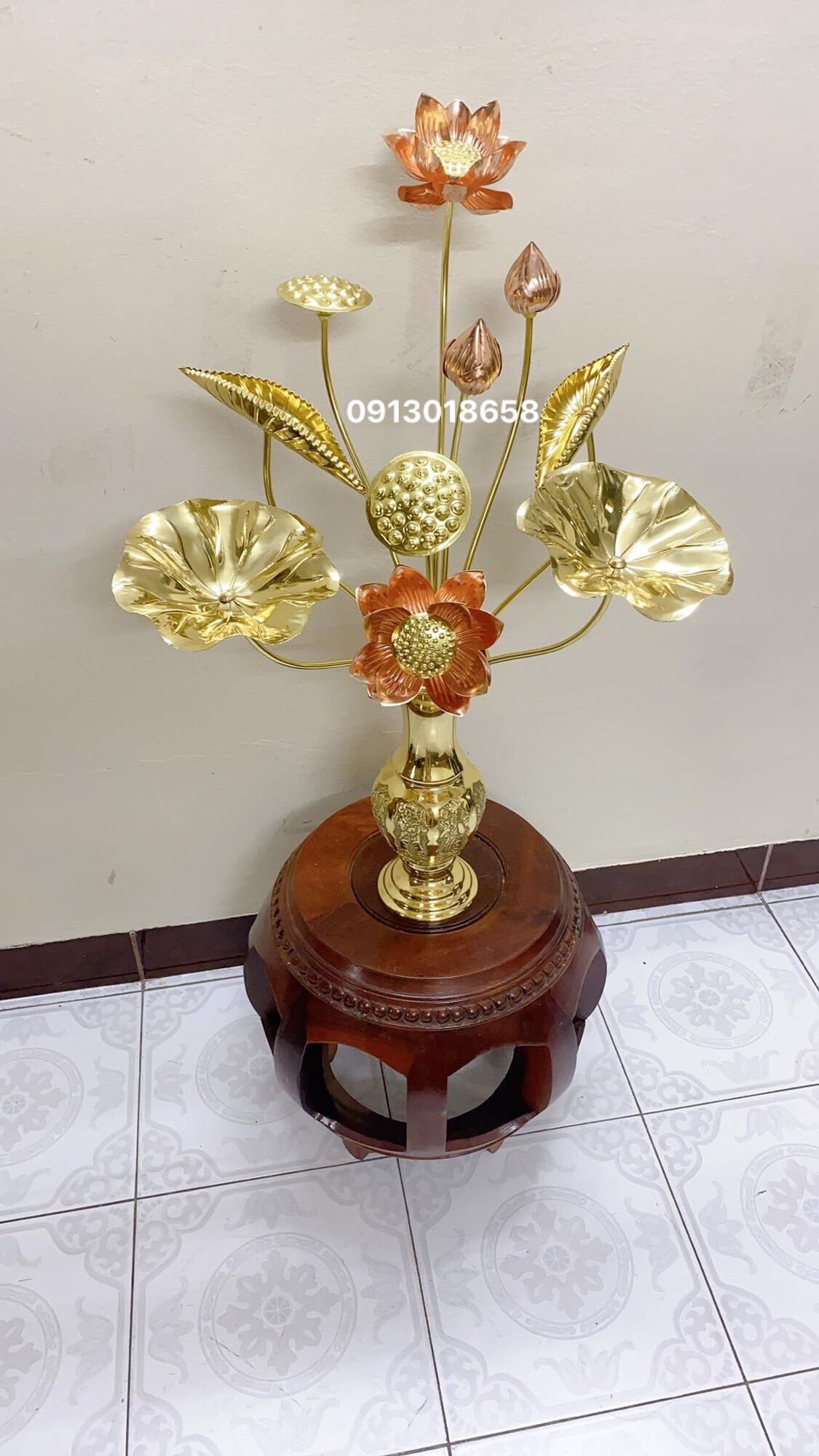 Hoa sen đồng 10 cành 70cm kèm lọ hoa bát tiên cao 30cm