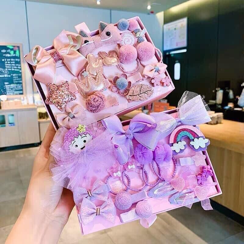 Set 18 món cột, kẹp tóc cho bé, kèm hộp túi đựng