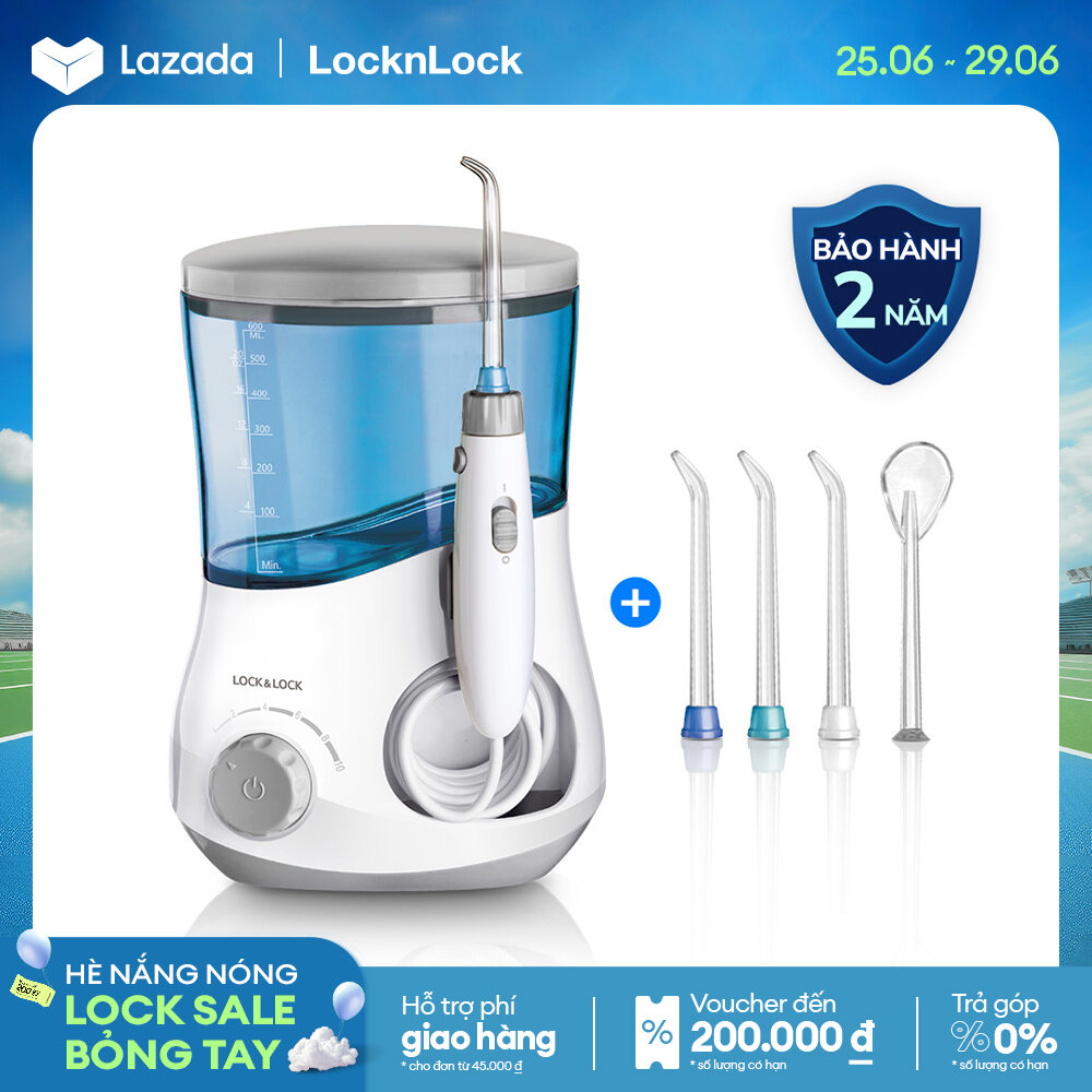 ENR111BLU - Máy tăm nước Lock&Lock 600ml - Đầu tăm xoay 360 độ, 10 chế độ phun, 4 đầu tăm đi kèm, Cho gia đình - Bảo hành 2 năm