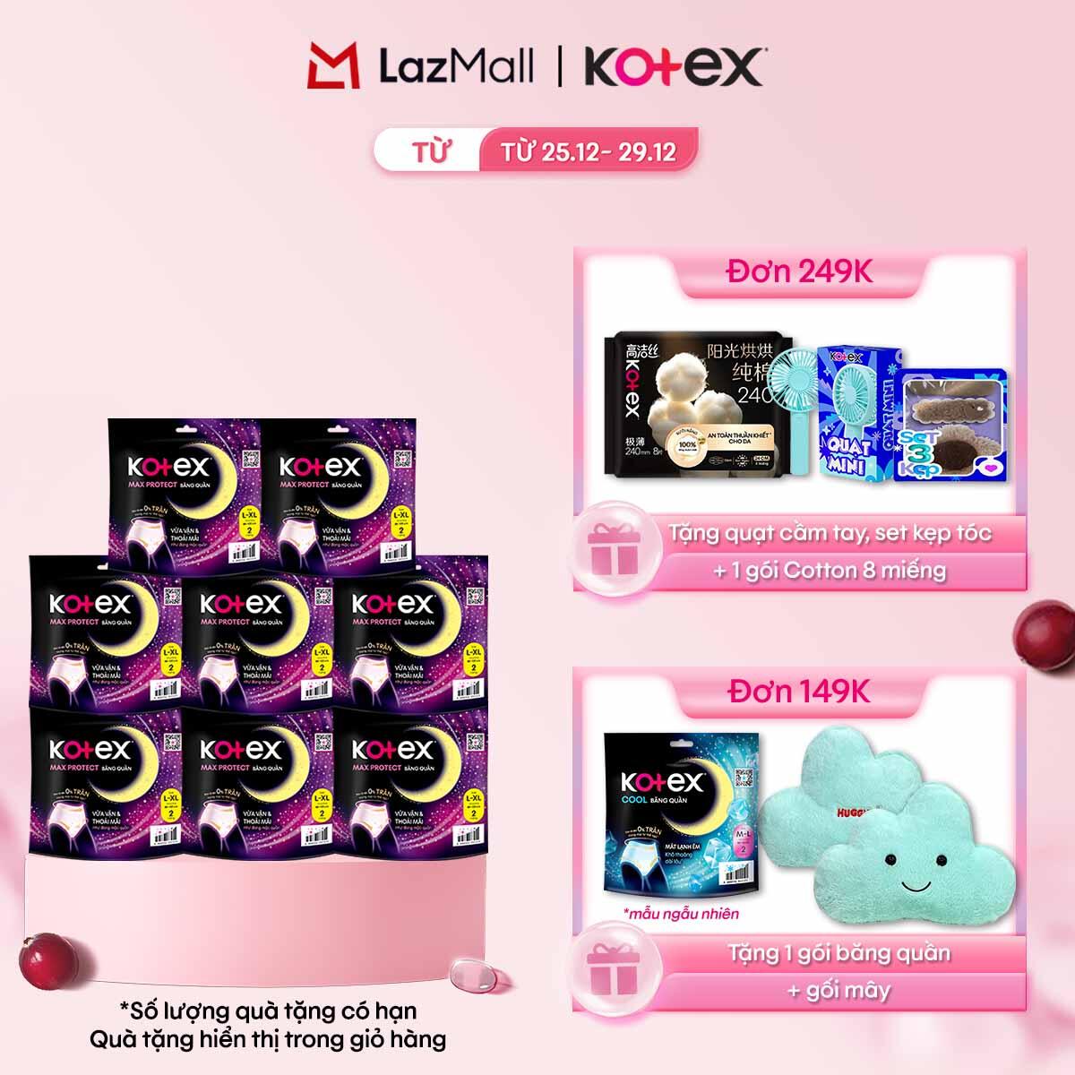   CHỈ 20h 31.12-03.01 QT Đơn 69K 149K 249K  Combo 8 gói BVS Kotex Ban Đêm Dạng Quần cỡ L XL 2x8 miếng 