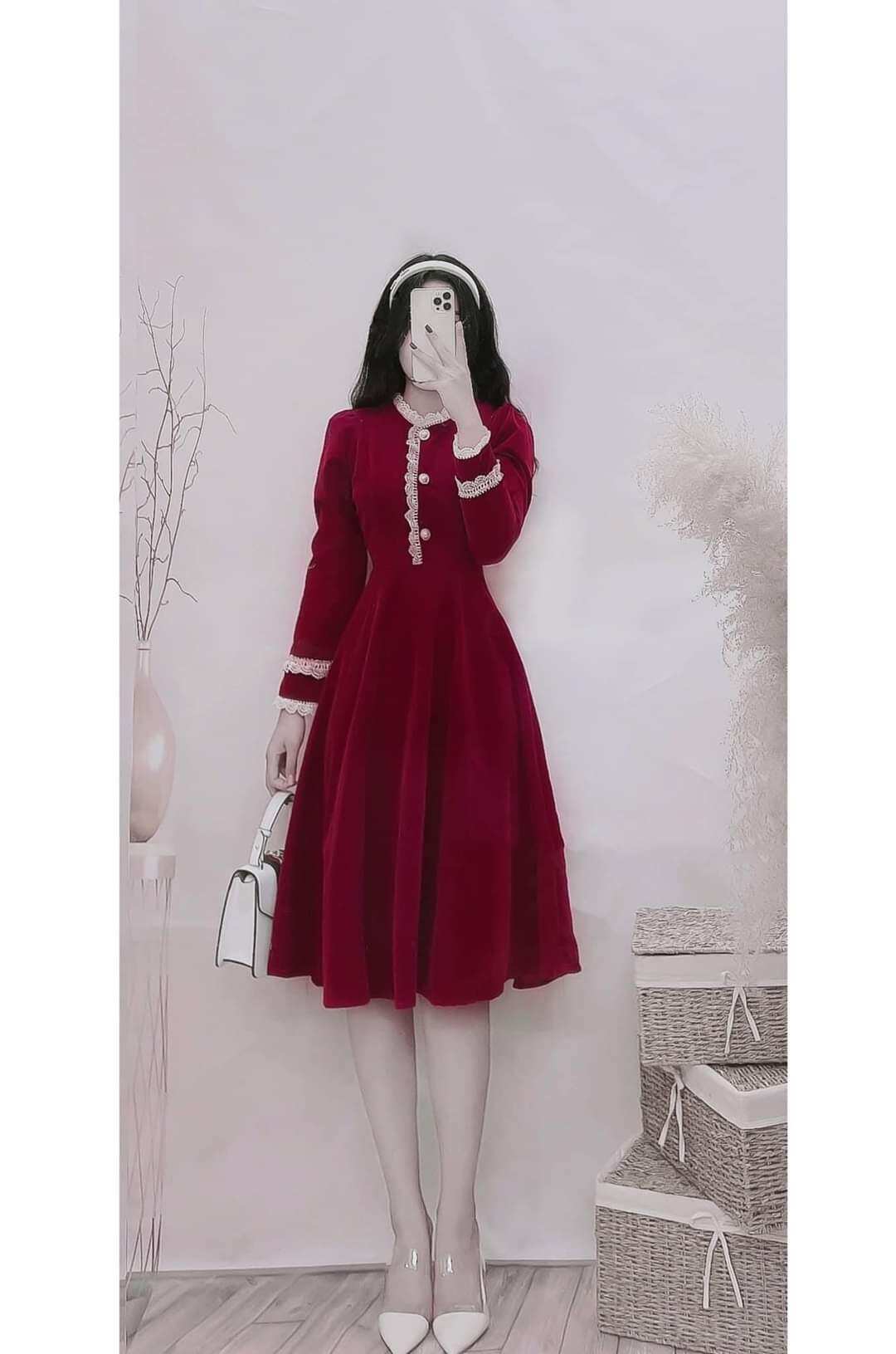 Váy nhung cao cấp, 2 màu đỏ, đen. size L