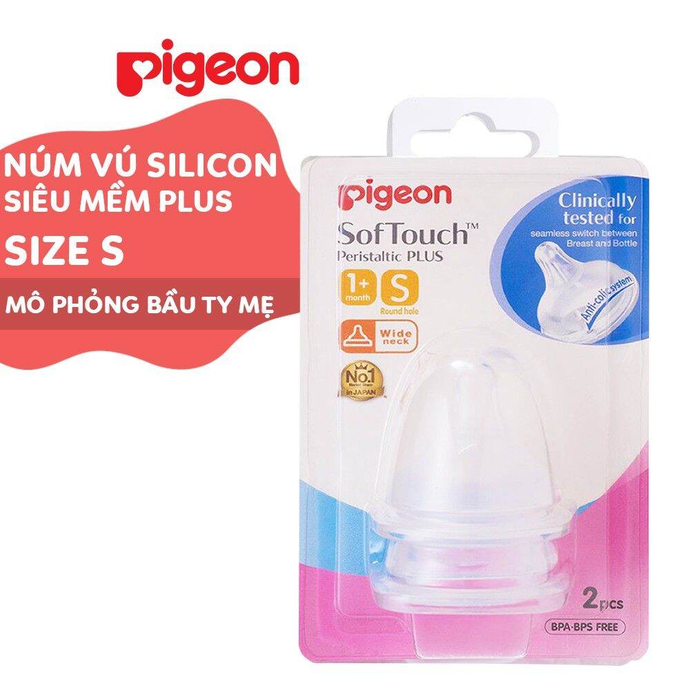 Núm vú Silicone siêu mềm Plus Pigeon sử dụng cho bình sữa Cổ rộng (2 cái /1 Vĩ)