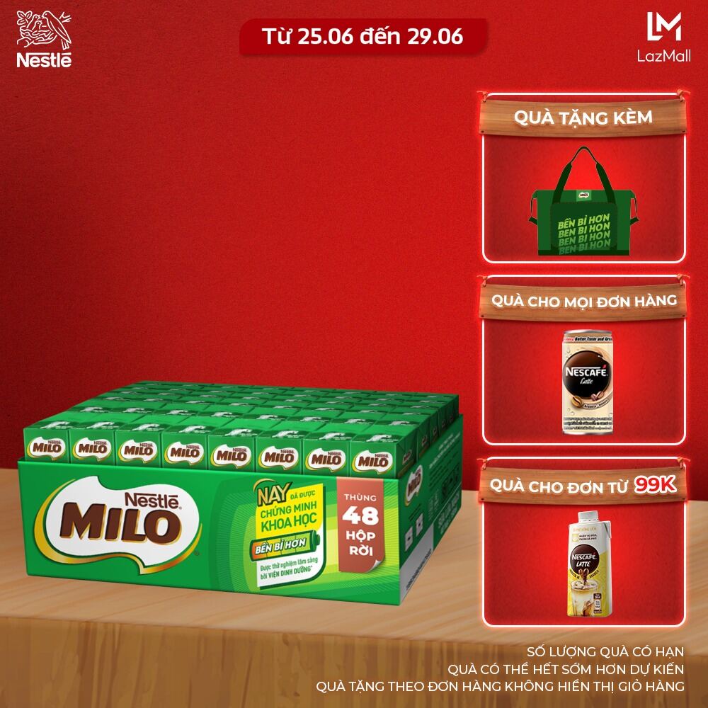 [Quà tặng tháng 06 - Mua 1 tặng 1 Túi du lịch bền bỉ] [FREESHIP HCM & HN] [Không màng co] Sữa lúa mạch Nestlé® MILO® thùng 48 hộp x 180ml (12x4x180ml)