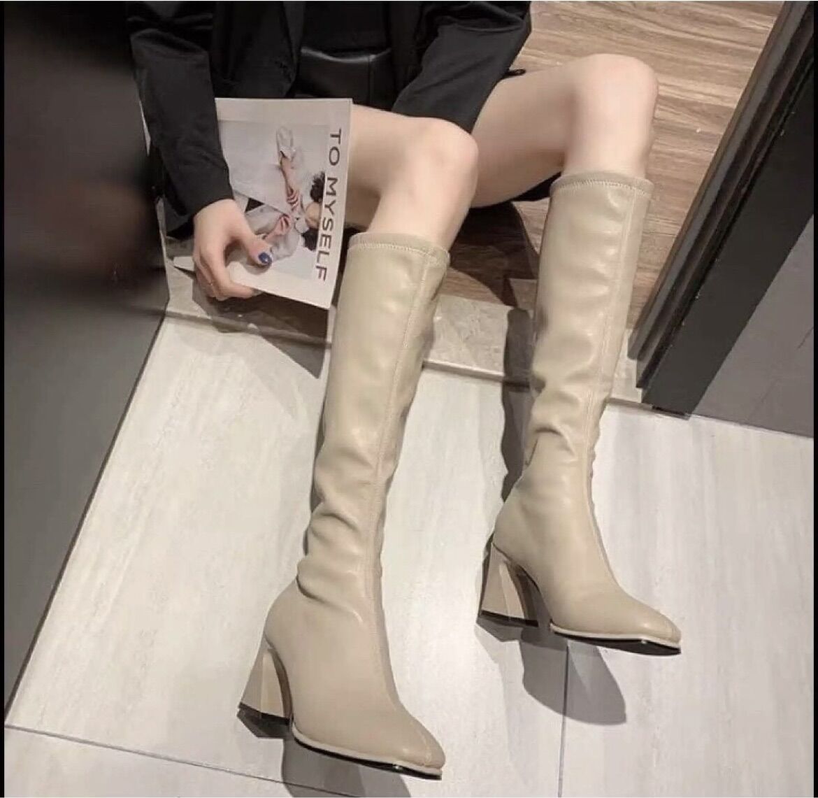 Bốt nữ cao cấp,boots quảng châu gót vát 5cm, bốt nữ dưới đầu gối 2 màu đen kem