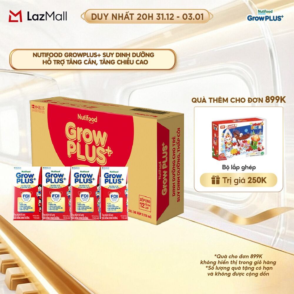  Thùng sữa nước pha sẵn GrowPLUS+ suy dinh dưỡng - Hỗ trợ tăng cân tăng chiều cao - Trên 1 tuổi  48 hộp x 110ml   Bao bì tùy đợt nhập hàng  