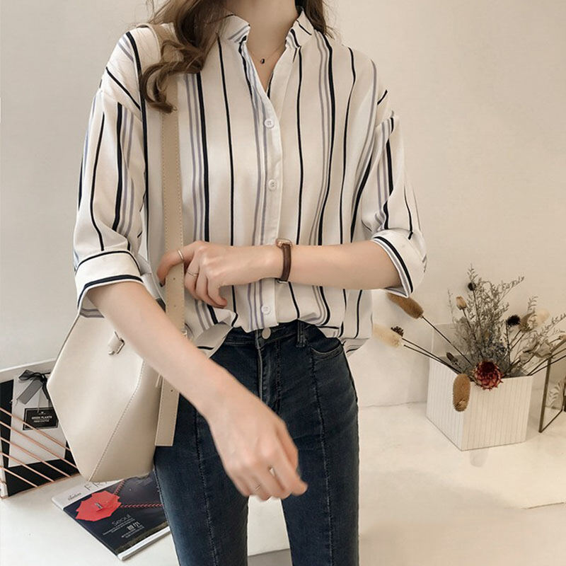 Áo Sơ Mi Nữ Tay Lửng Mùa Hè Dáng Rộng Cổ Chữ V Voan Kẻ Sọc Phong Cách Hàn Quốc Thời Trang Thường Ngà
