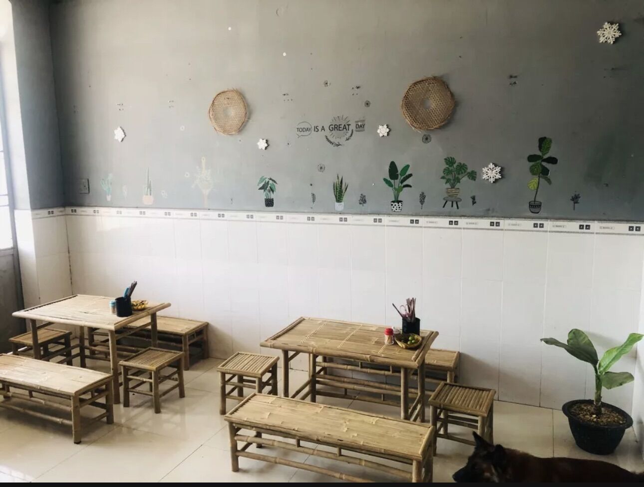 Bộ bàn ghế tre chân cố định dành cho quán ăn ,bún đậu
