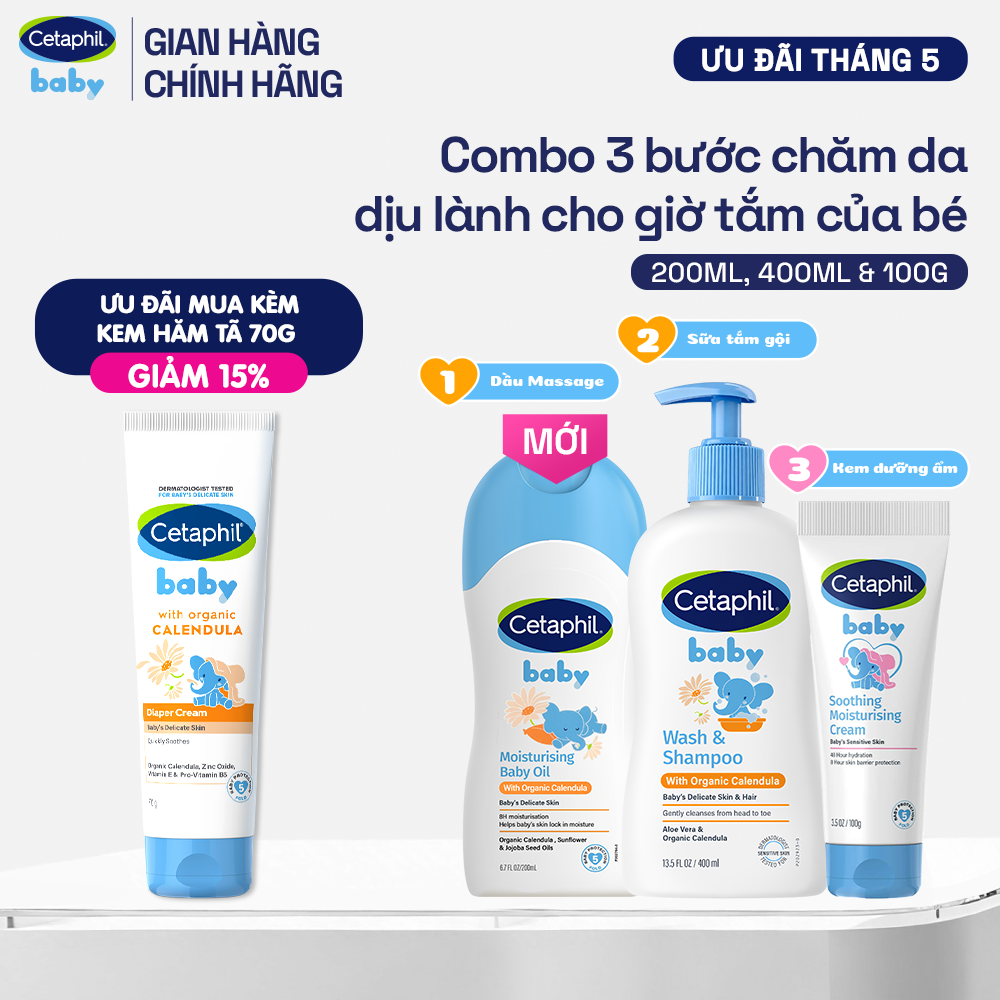 Combo Sữa tắm gội CETAPHIL BABY CALENDULA 400ML  Dầu massage dưỡng ẩm Baby Oil 200ml  Kem dưỡng ẩm Moisturising tuýp 100g