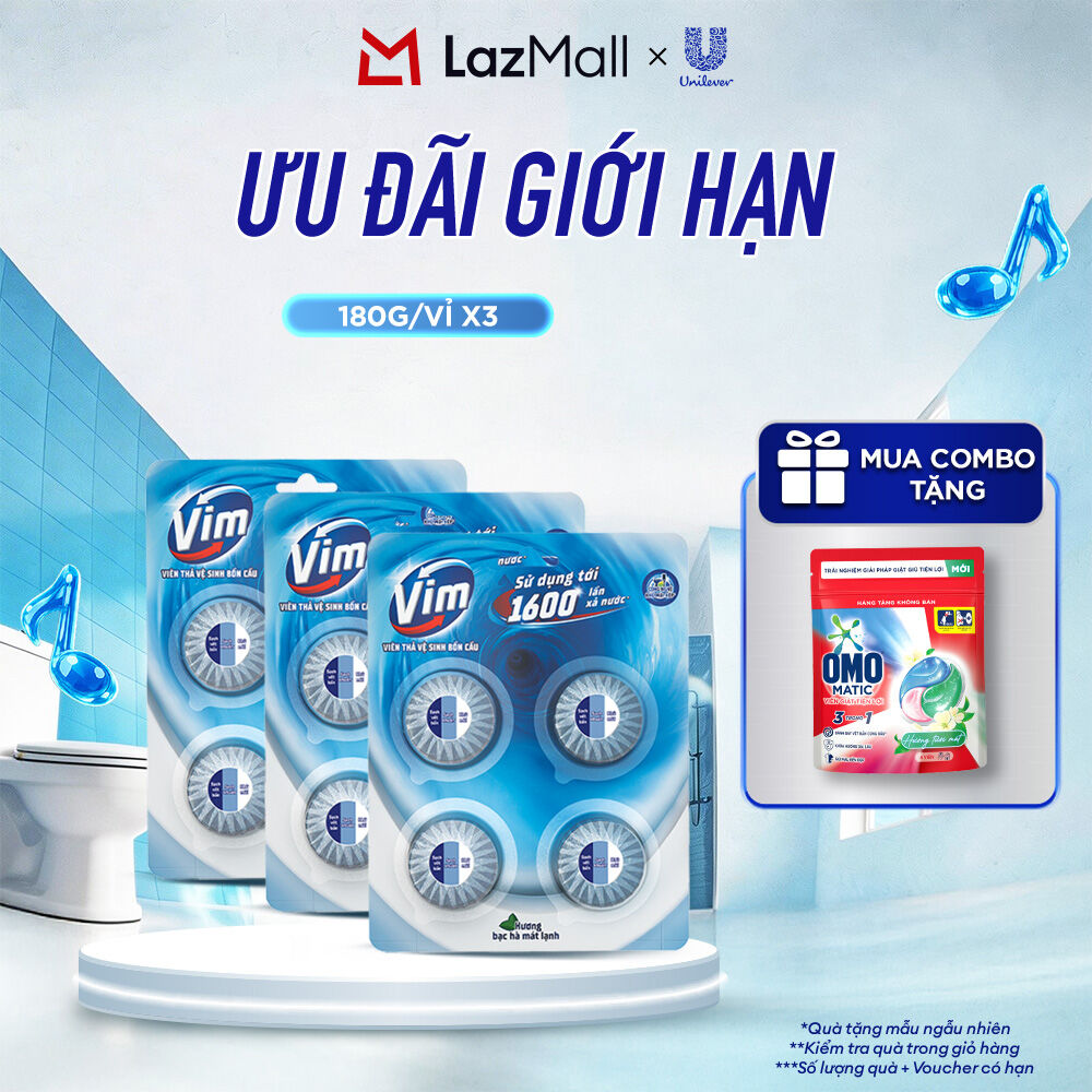 Combo 3 Vỉ Viên Thả Vệ Sinh Bồn Cầu Vim | Sạch Khuẩn, Sáng Bóng đến 1600 Lần Xả (3x180g/vỉ)