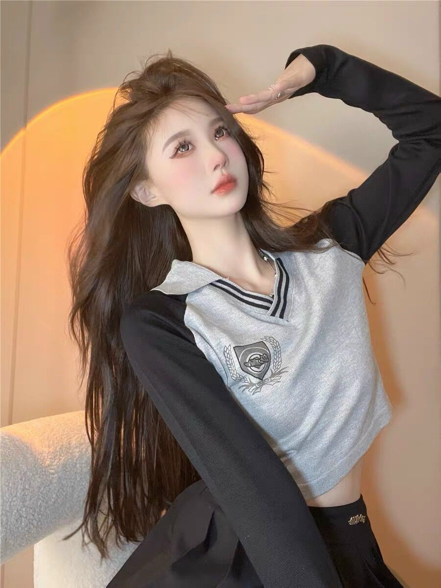 Áo croptop tay dài cổ bẻ học sinh BG