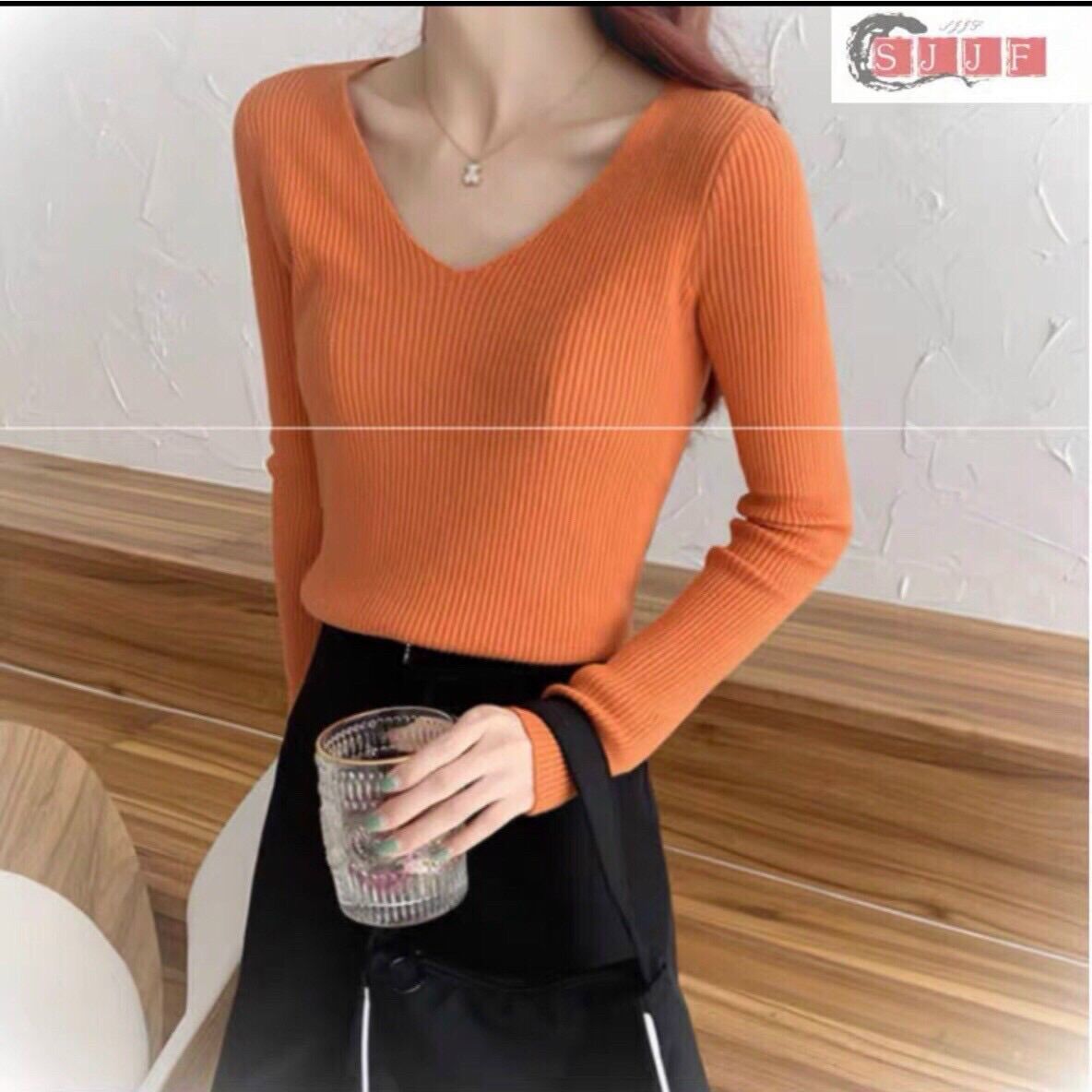 Áo len dệt kim nữ trơn cổ tim nhiểu màu