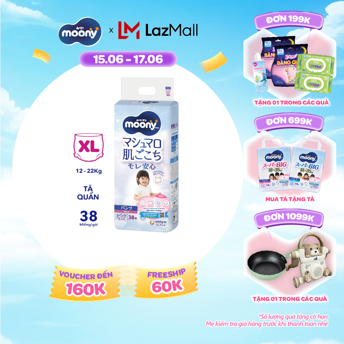 [SALE GIỮA THÁNG tặng QUÀ TO-SLCH] Tã quần cao cấp Moony Bé Gái XL38 miếng - Nhập khẩu từ Nhật Bản
