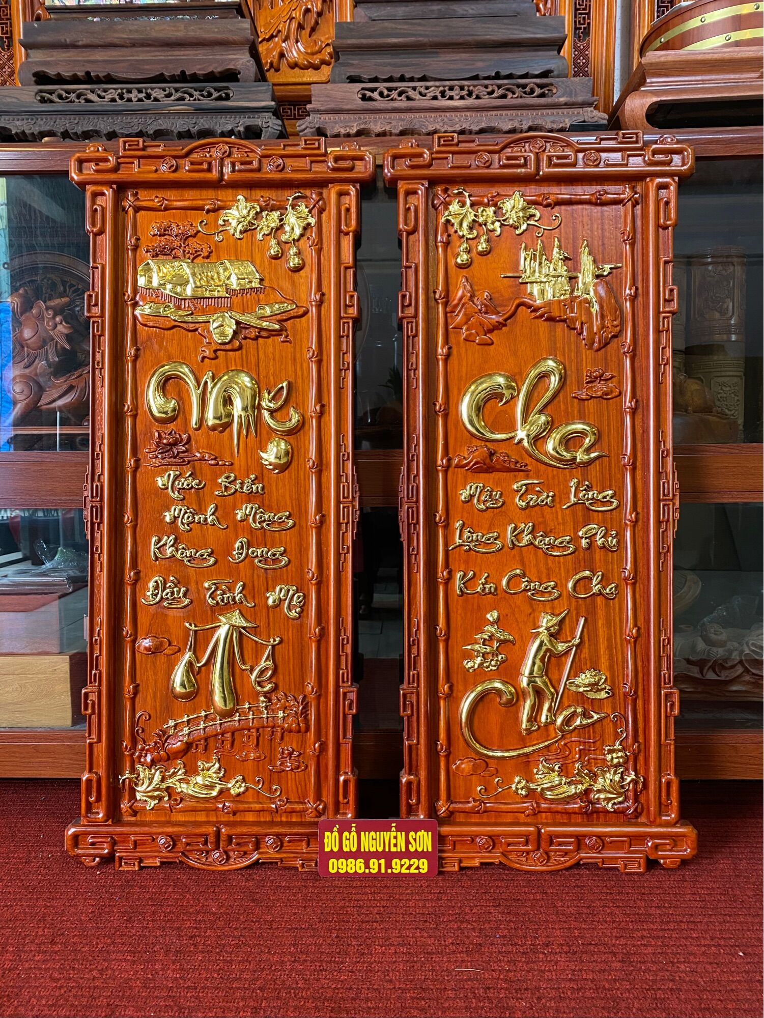 Tranh câu đối cha mẹ gỗ hương đỏ nam phi đủ mẫu