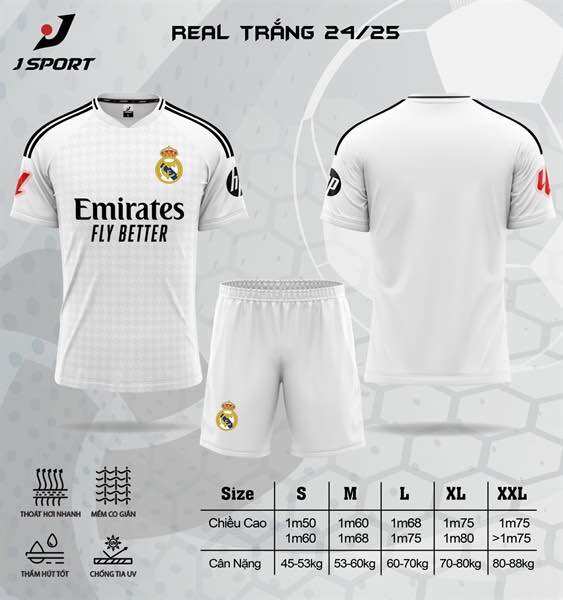 Bộ quần áo bóng đá mk real marid, bộ quần áo đá banh real mẫu mới nhiều màu mùa giải 24-25