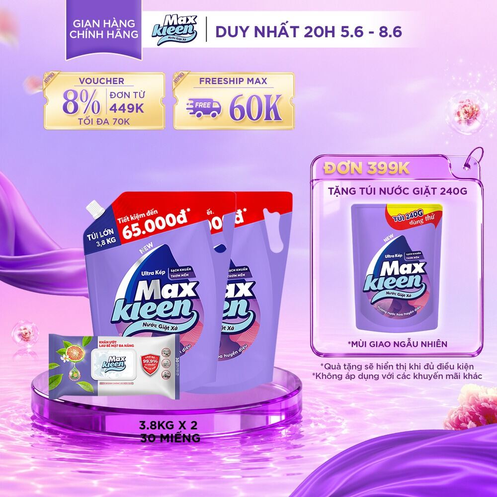 Combo 2 Túi Nước Giặt Xả MaxKleen hương Huyền Diệu (3.8kg/túi) + Lau Bề Mặt Đa Năng
