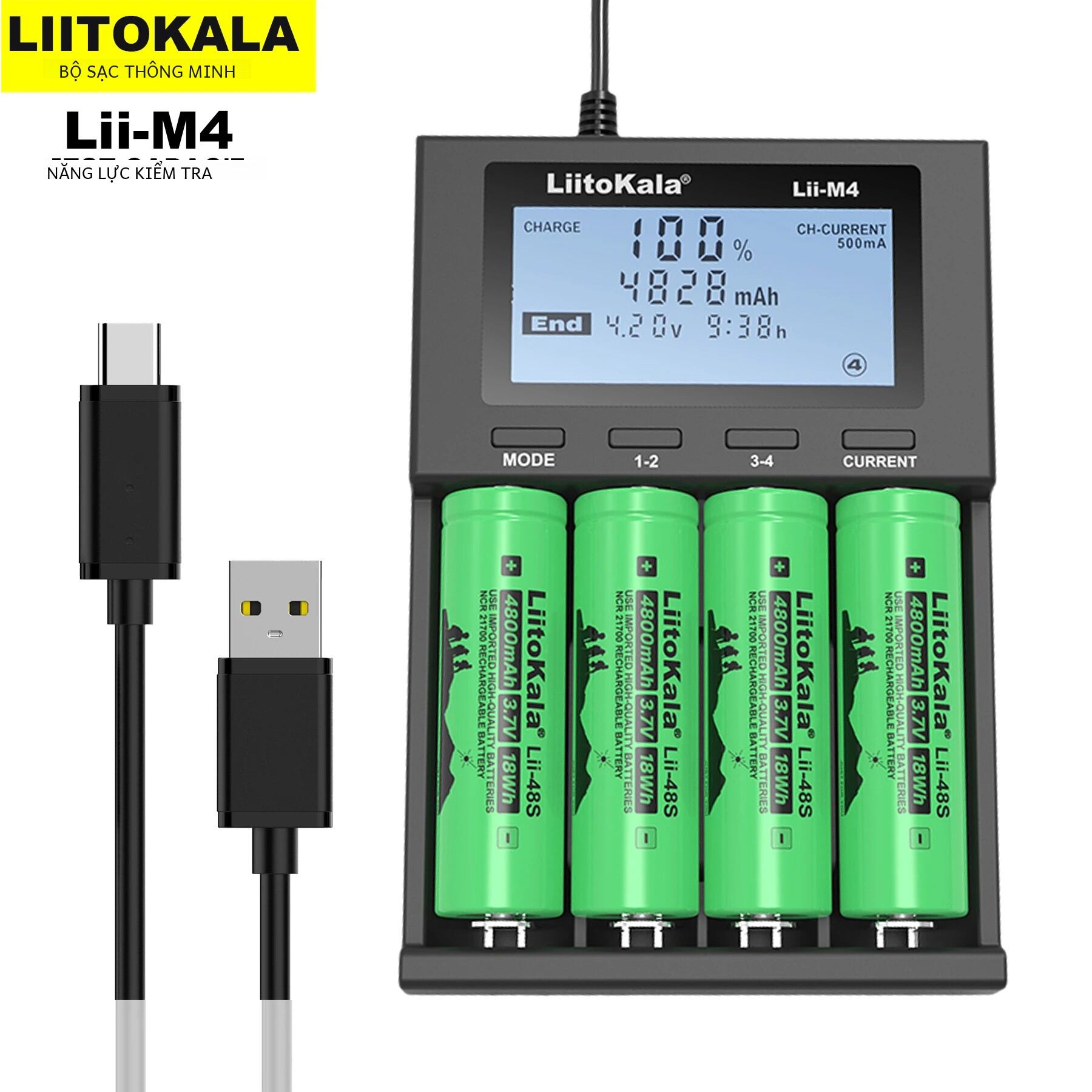 LiitoKala Lii-M4S Sạc Pin LCD Đa Năng Cho 18650 26650 21700 USB Sạc Thông Minh Cho AA AAA AC Pin