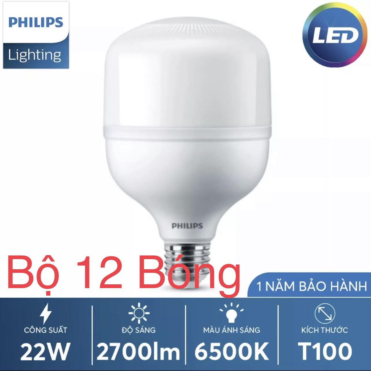 Bộ 12 bóng led 22w philips. bóng led trụ tròn 22w siêu sáng 2700 lumen ánh sáng trắng - vàng. bh 24 tháng chính hãng philips. led bulb philips.