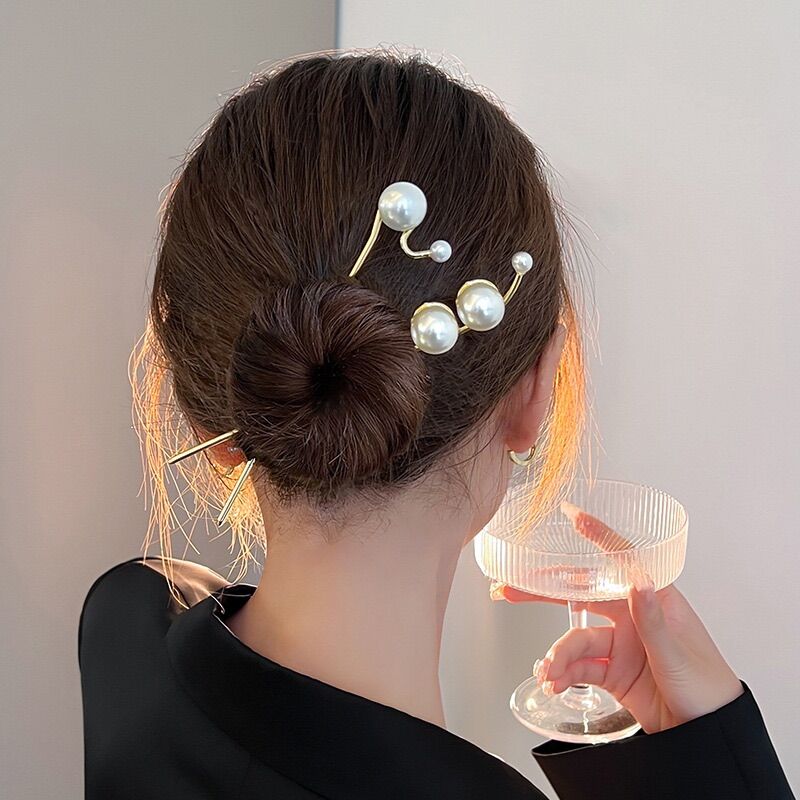 Trâm cài tóc đính hạt ngọc phong cách retro cổ tích trâm búi tóc xoắn hạt ngọc tròn nữ tính Hàn Quốc