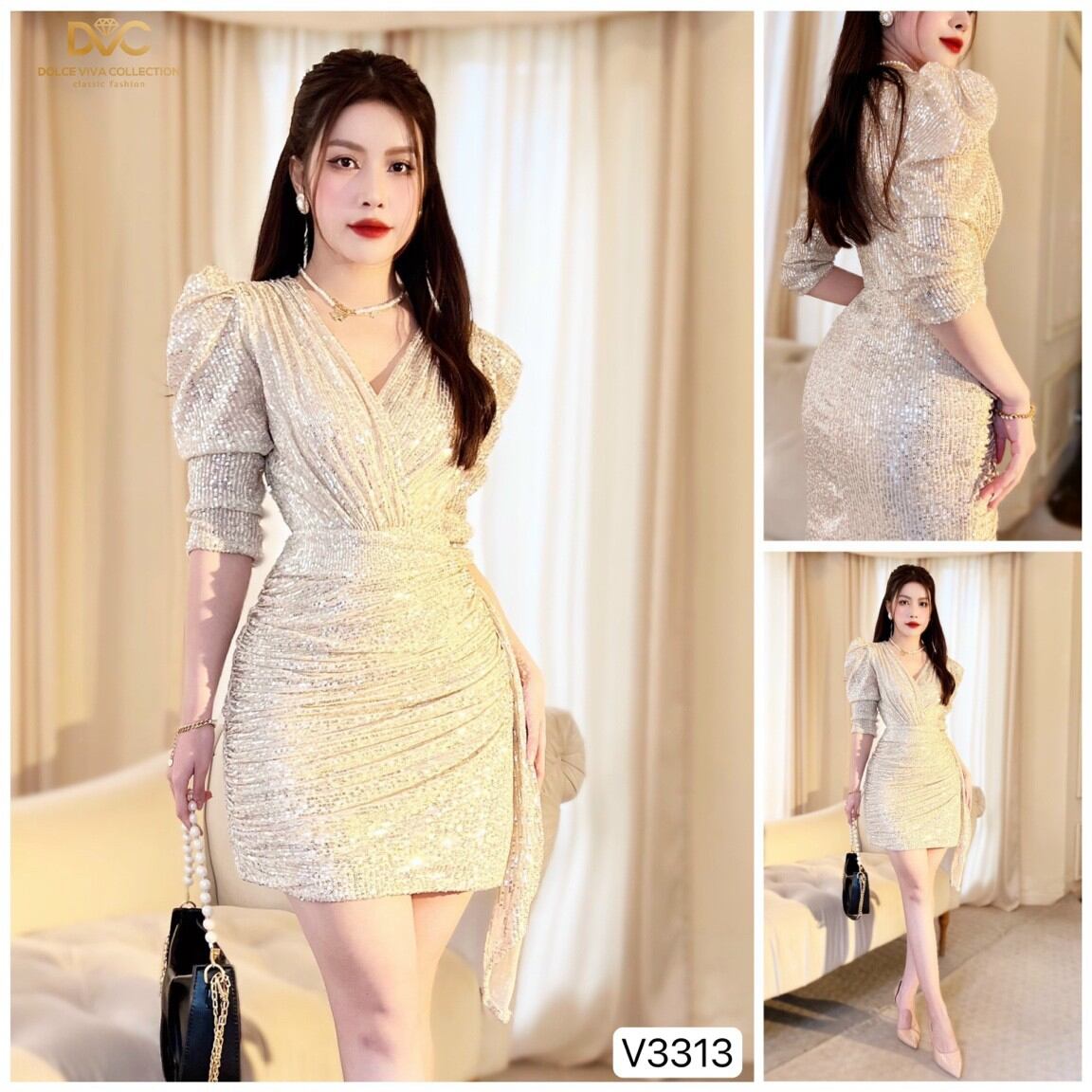 V3313 VÁY BODY KIM SA ÁNH BẠC ĐỔ TÀ