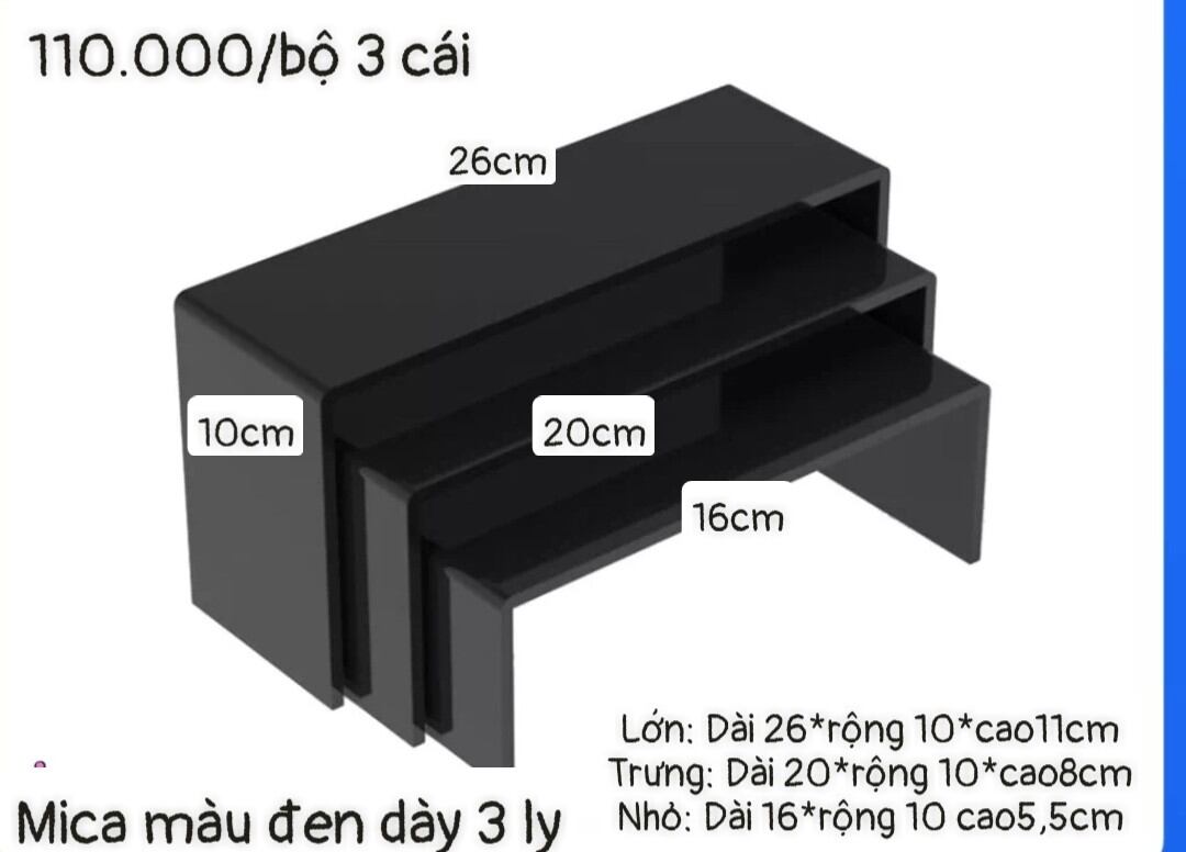 Bộ 3 kệ mica chữ u màu đen xếp lồng vào nhau bản rộng 10 cm