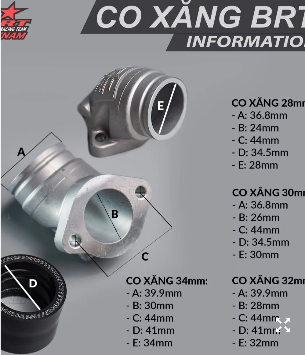 Co Xăng BRT 28mm dành cho Wave/Dream/Sirius/Jupiter(Intake Cub)