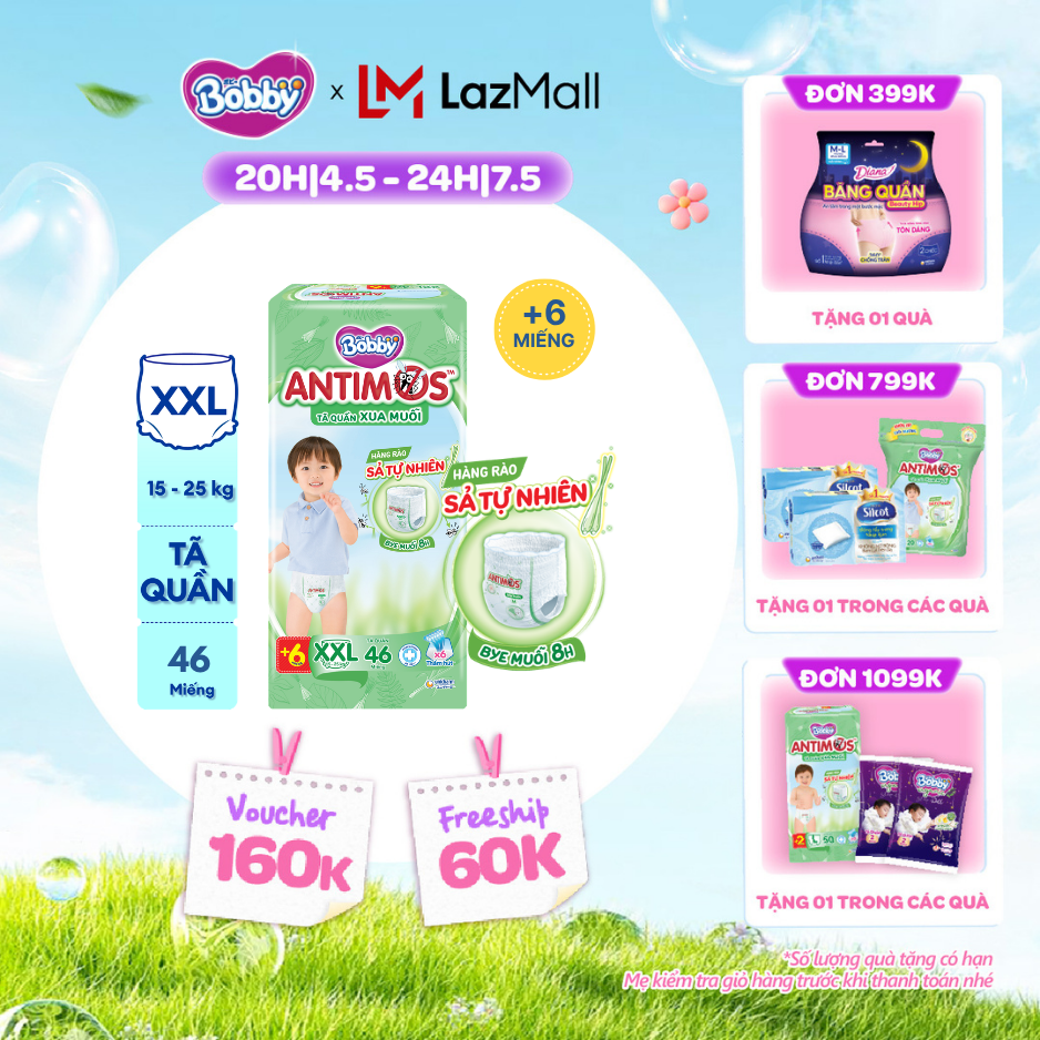 [CHỈ 20h 04-07.05 QT Đơn 899K/1199K][TẶNG KÈM 6 MIẾNG] Tã Quần Xua Muỗi Bobby Antimos – Hàng rào Sả tự nhiên Bye Muỗi 8H - Size XXL 46 miếng