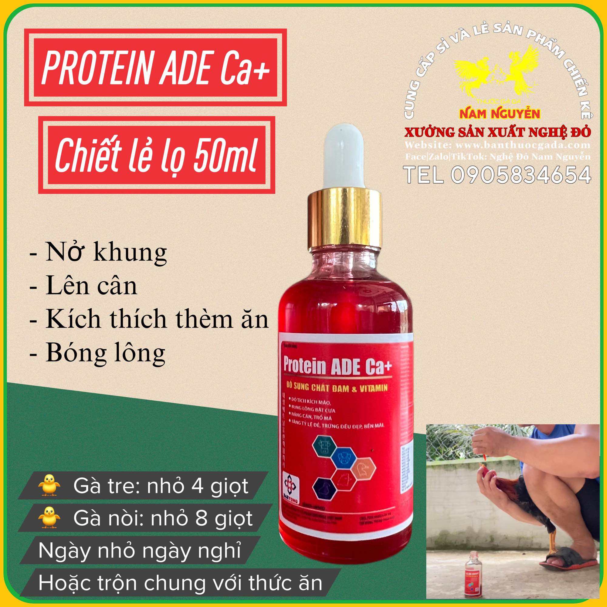 Lẻ 50ml Protein ADE Ca Đạm giúp gà nở khung tăng cân bóng lông cho gà đá