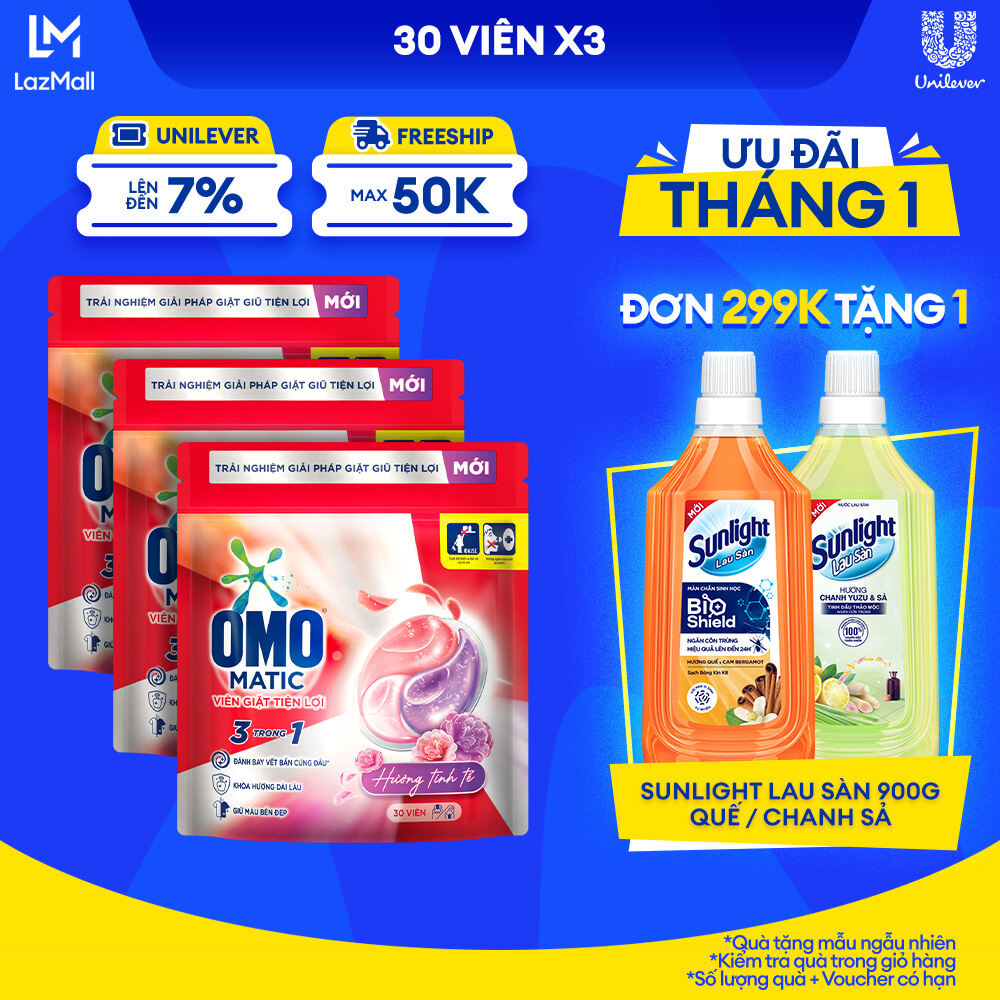 Combo 3 túi viên giặt tiện lợi OMO 3 trong 1 Hương tinh tế