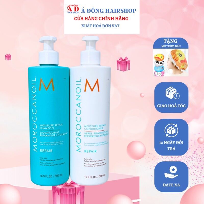 [+Tặng mũ trùm] Bộ dầu gội xả phục hồi tóc hư tổn Moroccanoil Moisture Repair Israel 500mlx2
