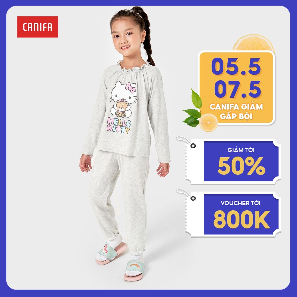 Bộ quần áo mặc nhà bé gái in Hello Kitty CANIFA chất liệu cotton spandex, áo cổ tròn dúm chỉ chun, dài tay, quần dài cạp chun, dúm gấu 1LS22W015