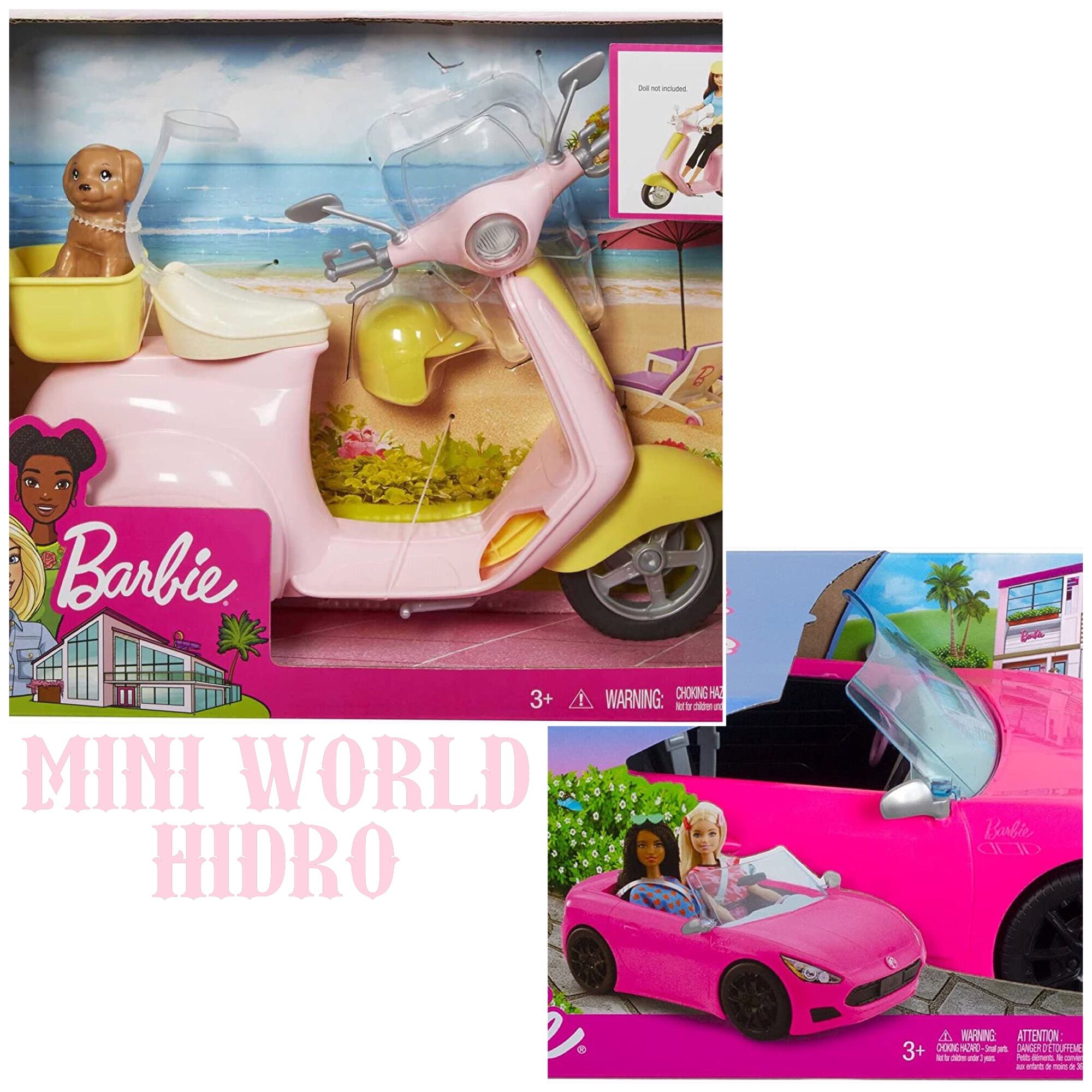 Đồ chơi xe máy vespa xe ô tô ôtô cho búp bê Barbie và Ken chính hãng.