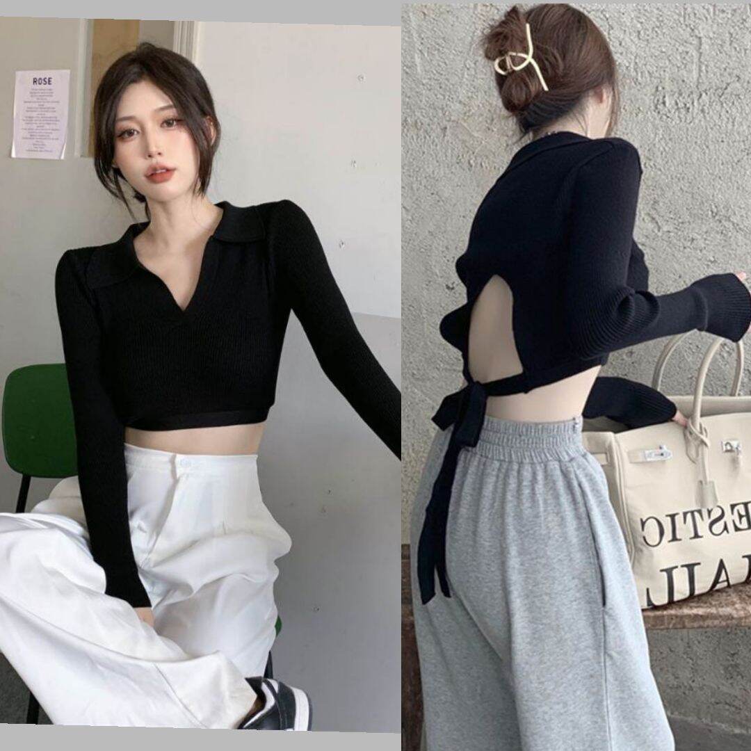 Áo Cổ Bẻ Tay Dài Hở Lưng Cột Nơ Fom Croptop
