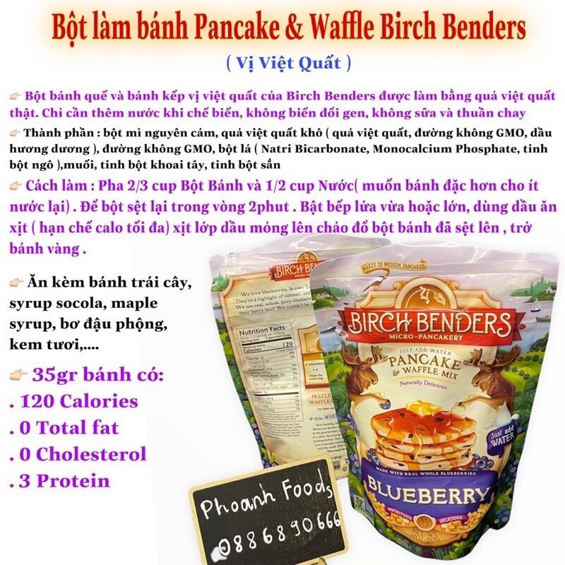 Bột làm bánh Pancake & wafle Birch Benders - vị việt quất 397gr  0 đường,