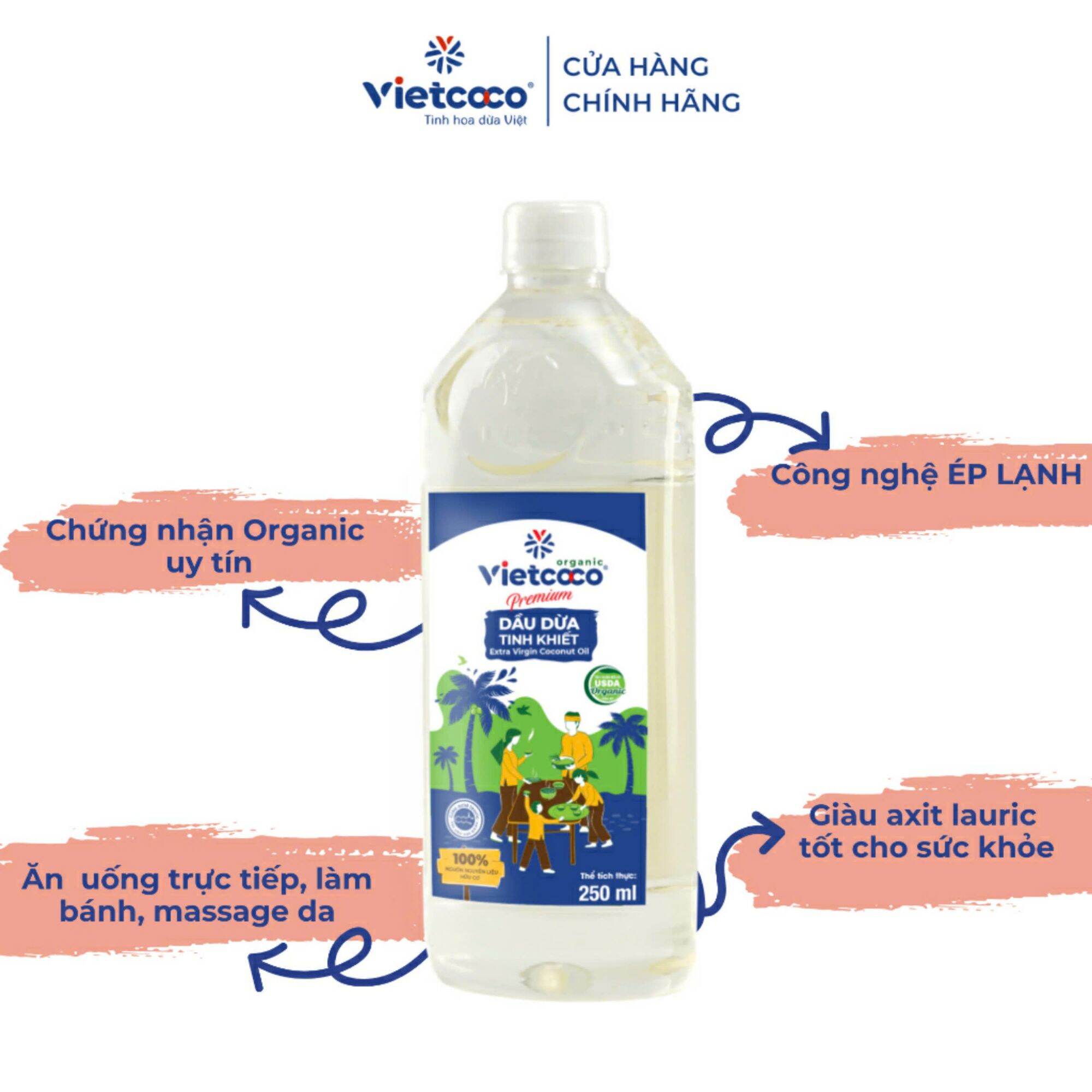 1 Chai dầu dừa tinh khiết organic Vietcoco 250ml, Date mới