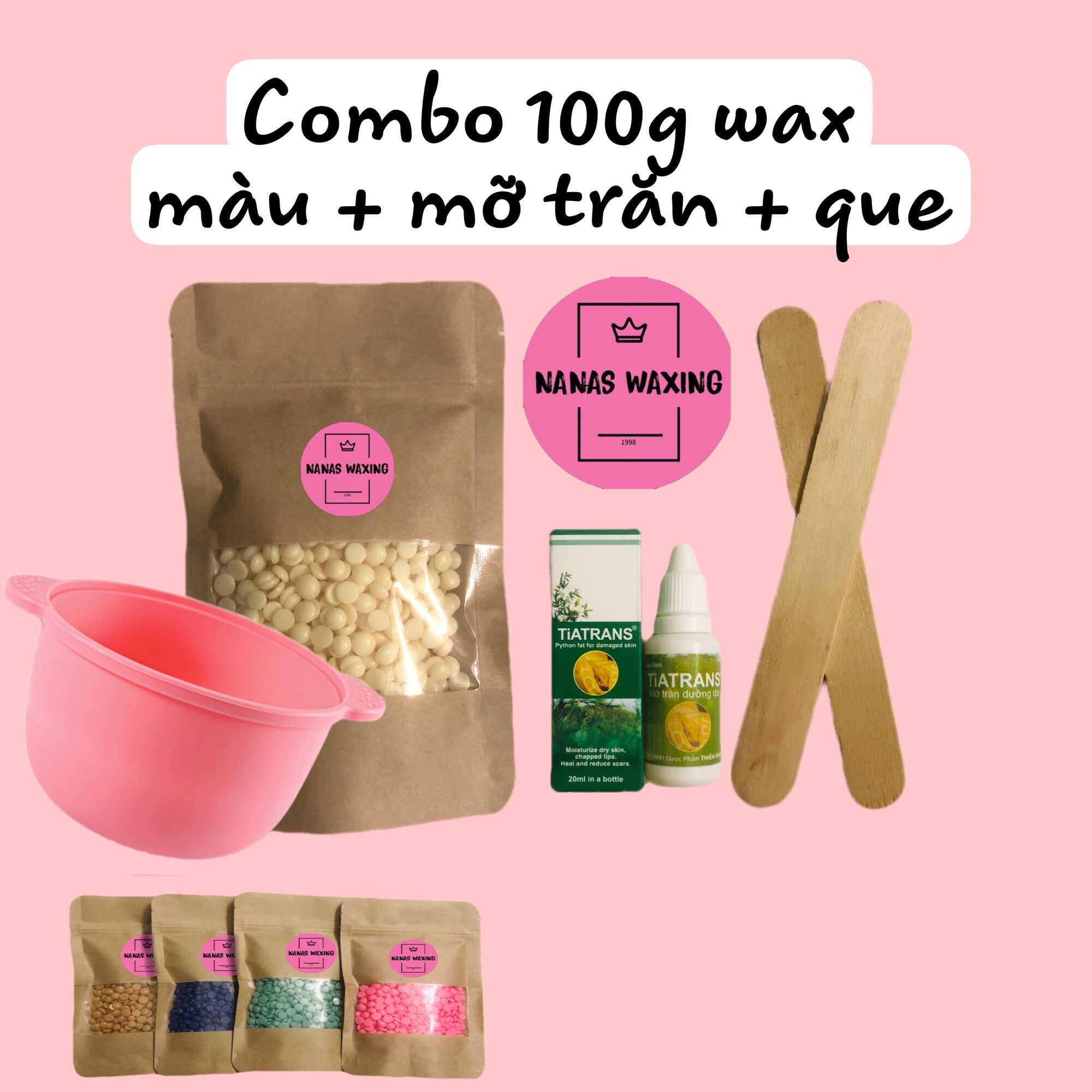 Combo Sáp wax lông màu 100g, Chén silicon + Mỡ Trăn