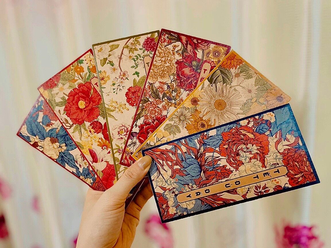 Set 50c lì xì hoa lá xuân vintage hoài cổ