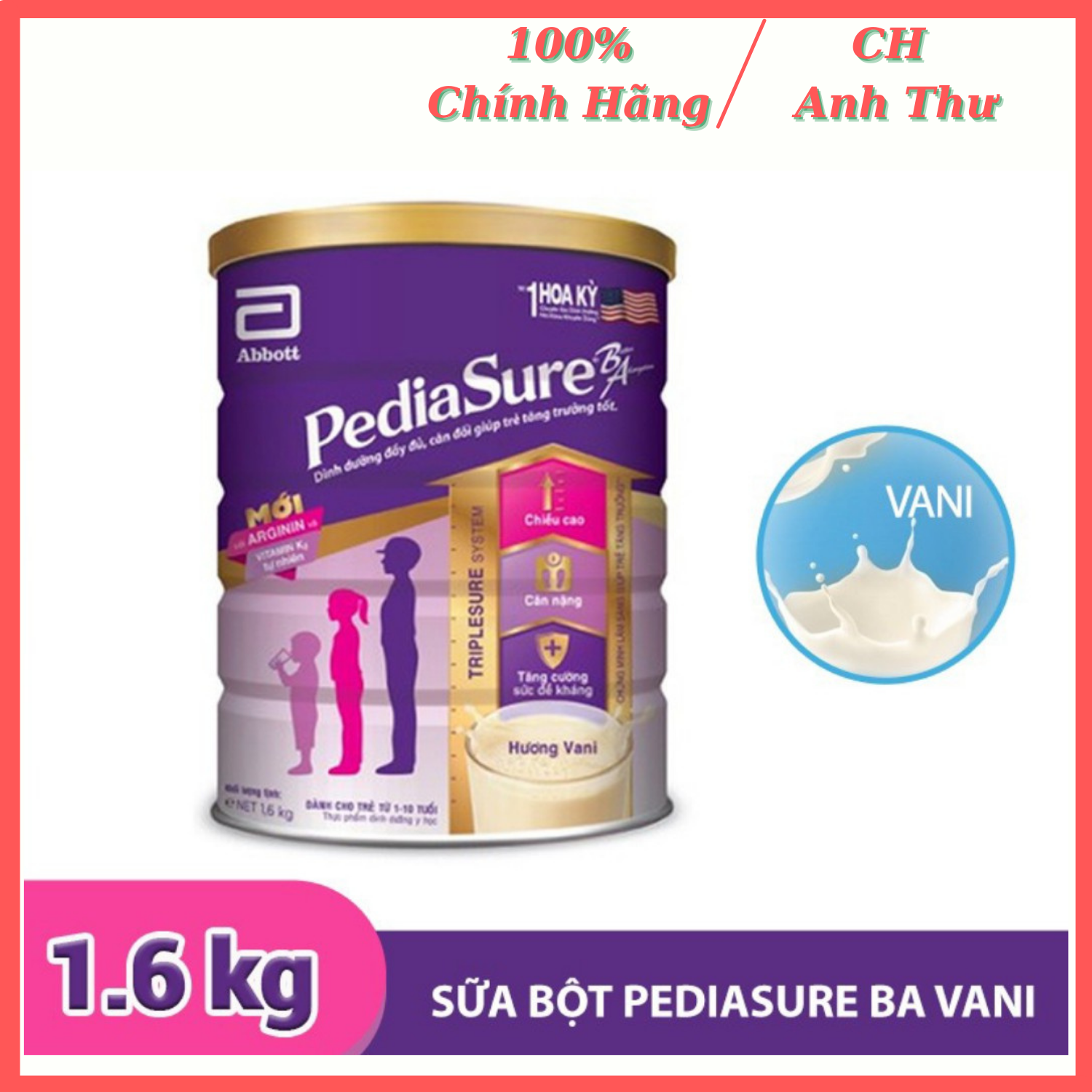 Date 2023 Sữa Bột PediaSure BA Hương Vani 1.6kg