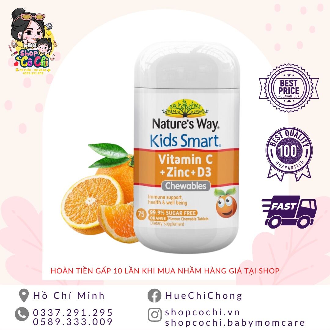 Viên Nhai Nature’s Way Kids Smart Vitamin C+ZinC+D3 Chewable Tablets Bổ Sung Vitamin Cho Bé Phát Triển Toàn Diện 75 Viên