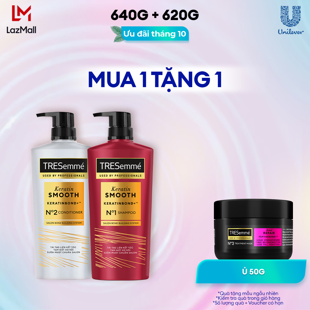 Combo Dầu Gội Và Dầu Xả TRESemmé Keratin Smooth Keratinbond Cho Tóc Khô Xơ Rối Vào Nếp Suôn Mượt 640g 620g