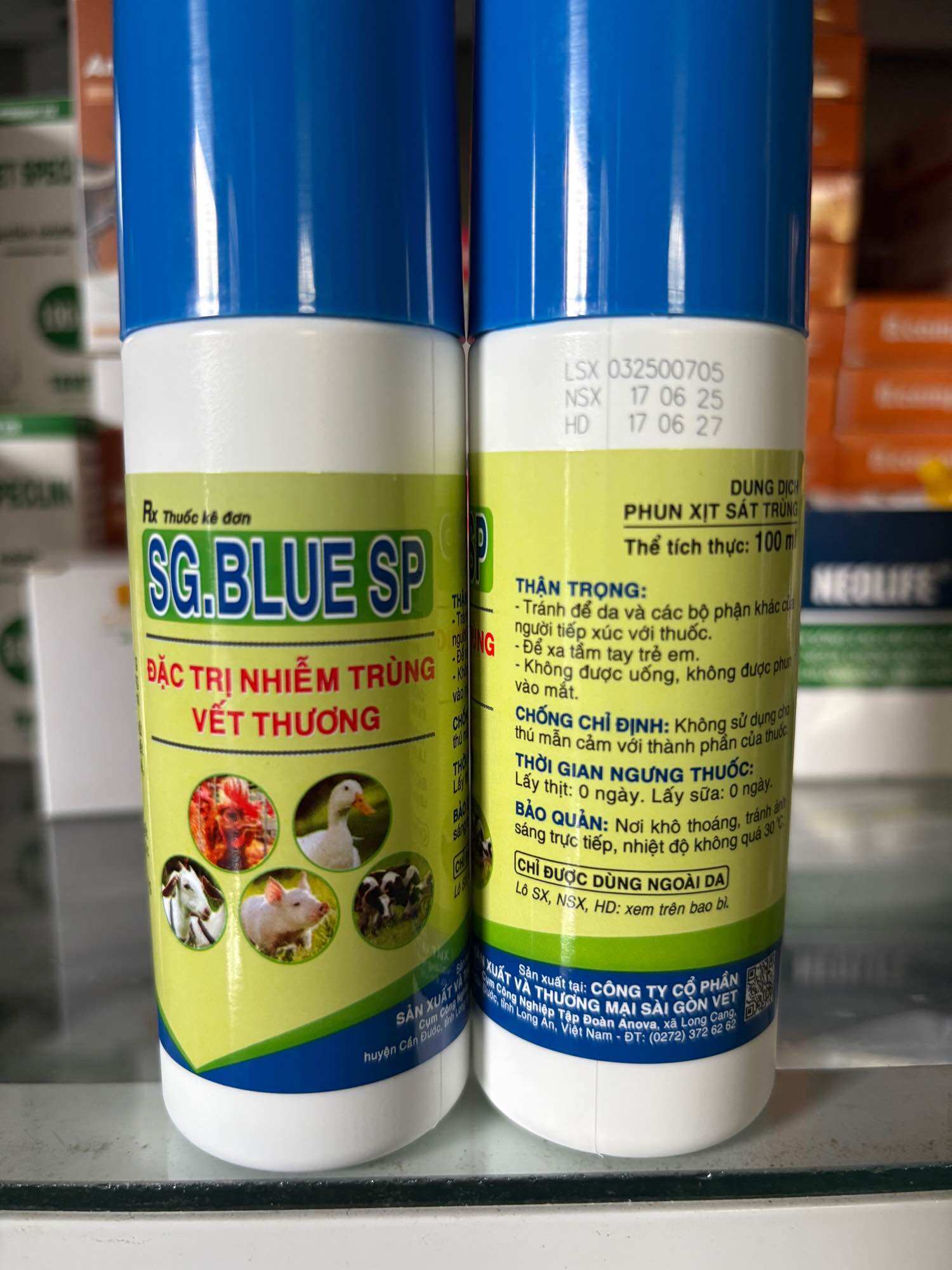 SG. BLUE SP Dung Dịch Phun Xịt Sát Trùng Vết Thương, Sát Khuẩn Ngoài Da Trên Trâu, Bò, Dê, Cừu, Heo, Chó, Mèo, Gia Cầm