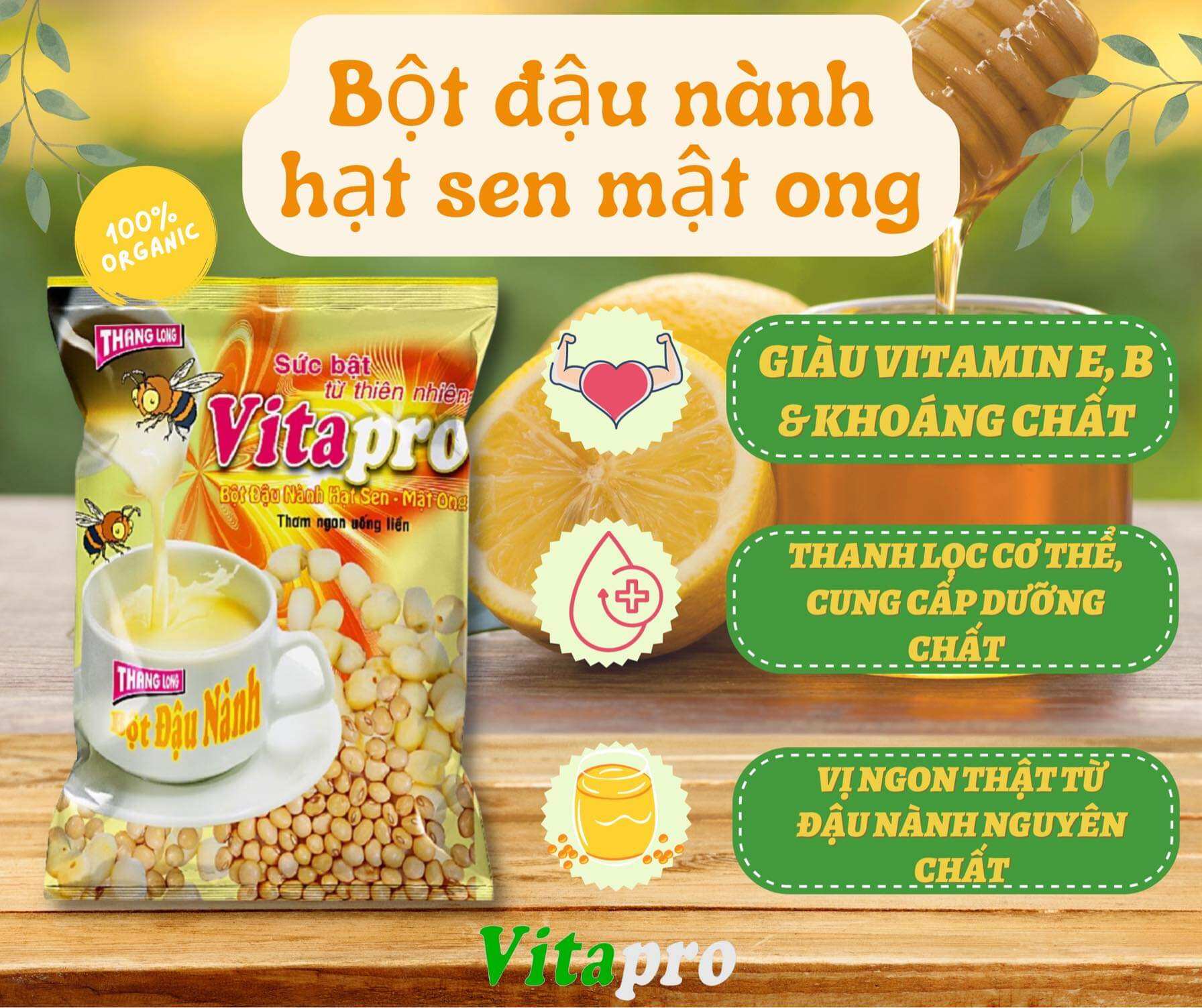 BỘT ĐẬU NÀNH HẠT SEN MẬT ONG CÓ ĐƯỜNG VITAPRO 420G