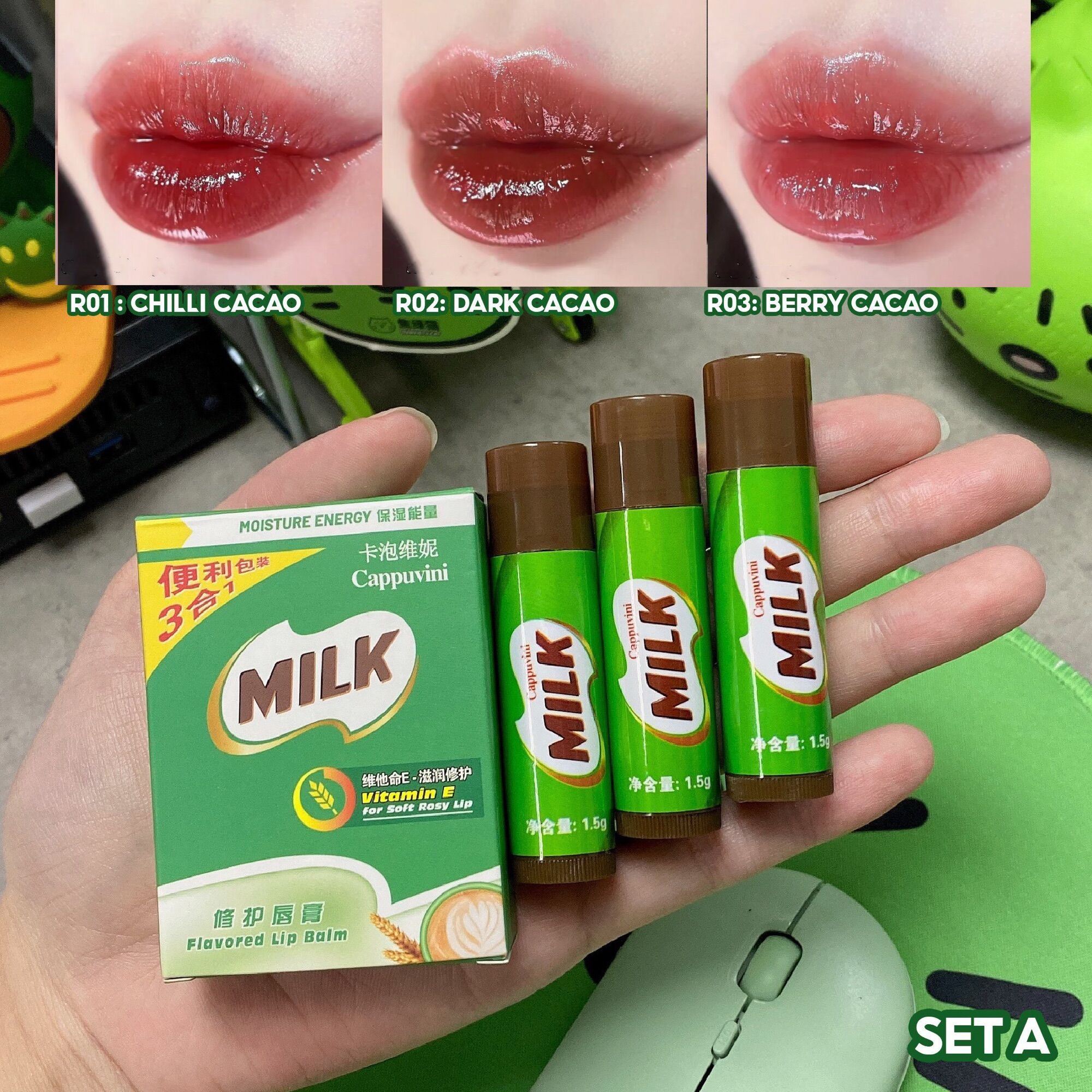 Set 3 son dưỡng có màu cappuvini milk dưỡng ẩm đào cacao milo moisture energy flavored lip balm capu39