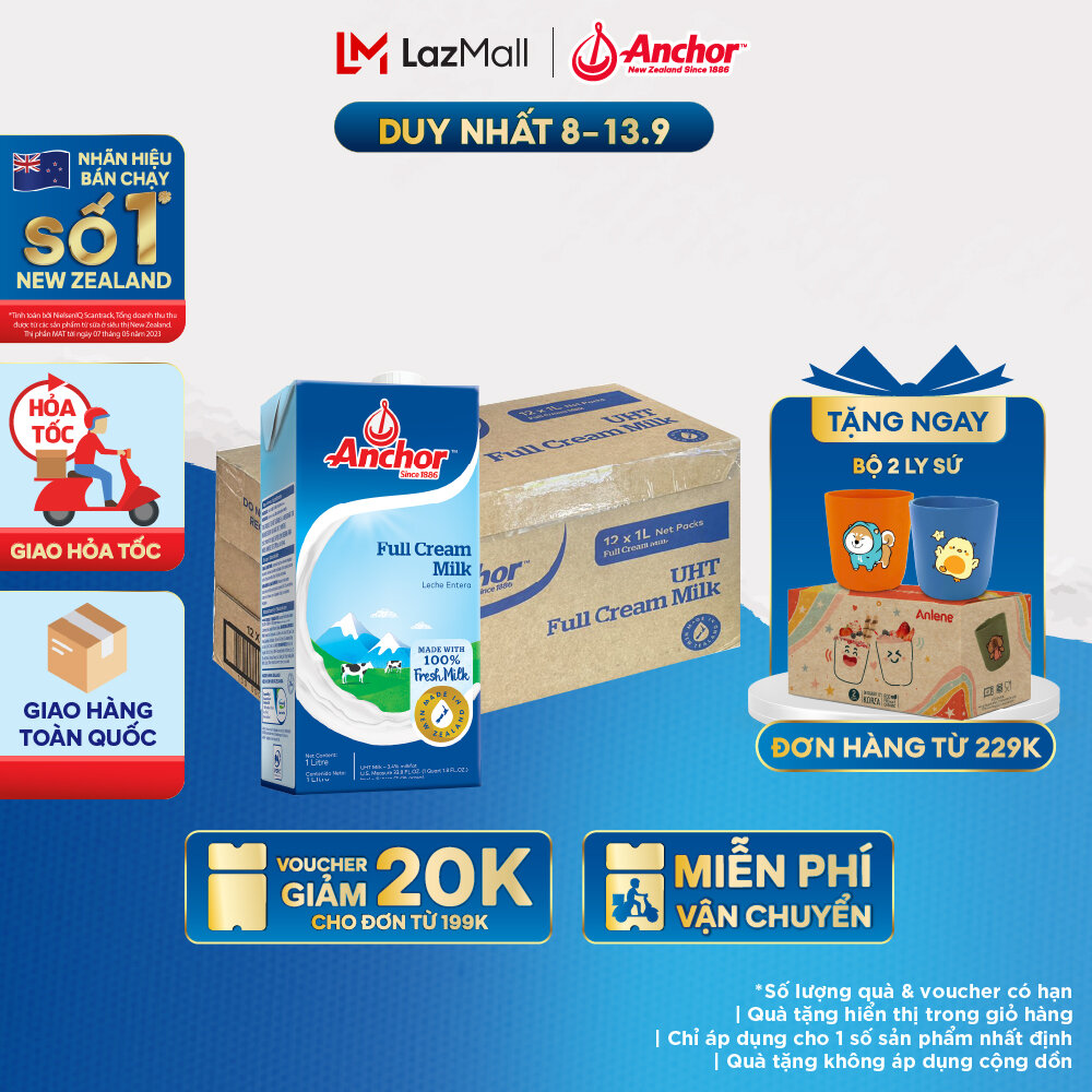 [GIAO HÀNG HỎA TỐC - HCM] Thùng 12 Hộp Sữa Tươi Tiệt Trùng Anchor Nguyên Kem Hộp 1 Lít
