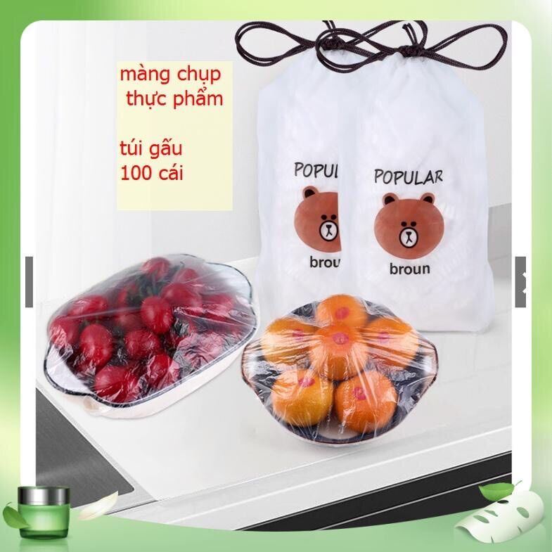 Set 100 màng bọc thực phẩm túi gấu, màng bọc thực phẩm PE có chun bọc đồ ăn co giãn tái sử dụng nhiều lần