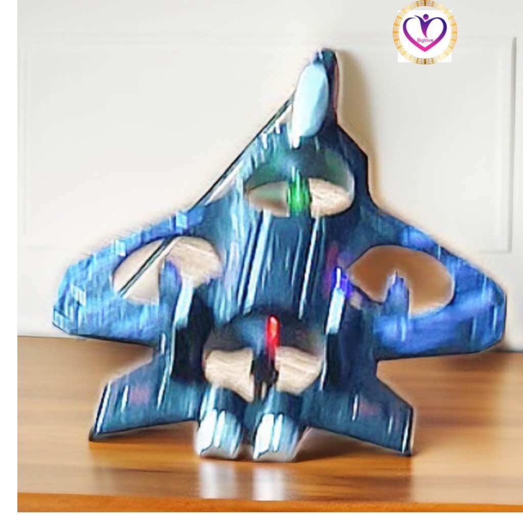 Triangular Fighter Aircraft Model with Blue, Red, and Purple Led Lights, Placed on a Wooden Table.